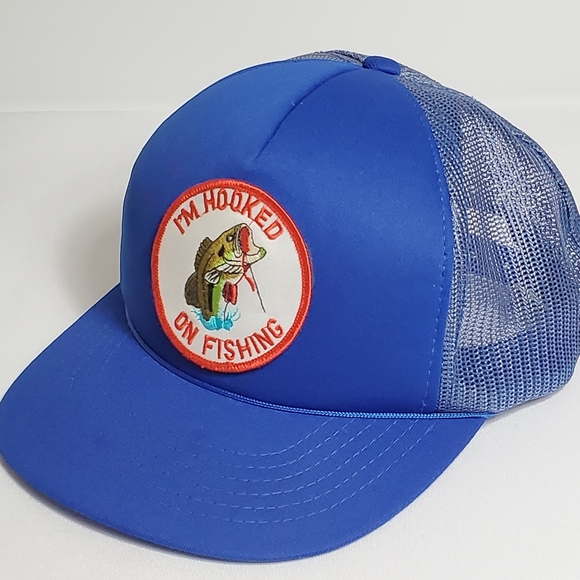 Vtg Hooked On Fishing Trucker Hat Foam Mesh Snapback Blue Baseball Cap Graphic. - Picture 1 of 13